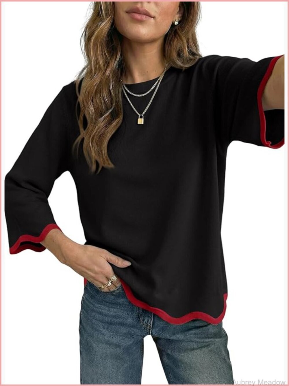 Wool Blend Crewneck 3/4 Sleeve Ruffle Pullover Sweater Loose Fit Casual Tops